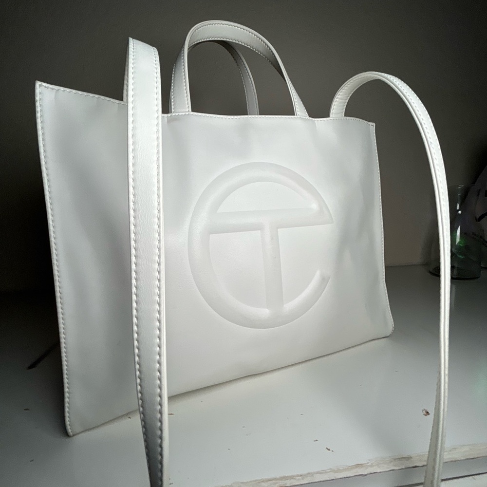 Telfar White Leather Tote Bag with Minimalist Design